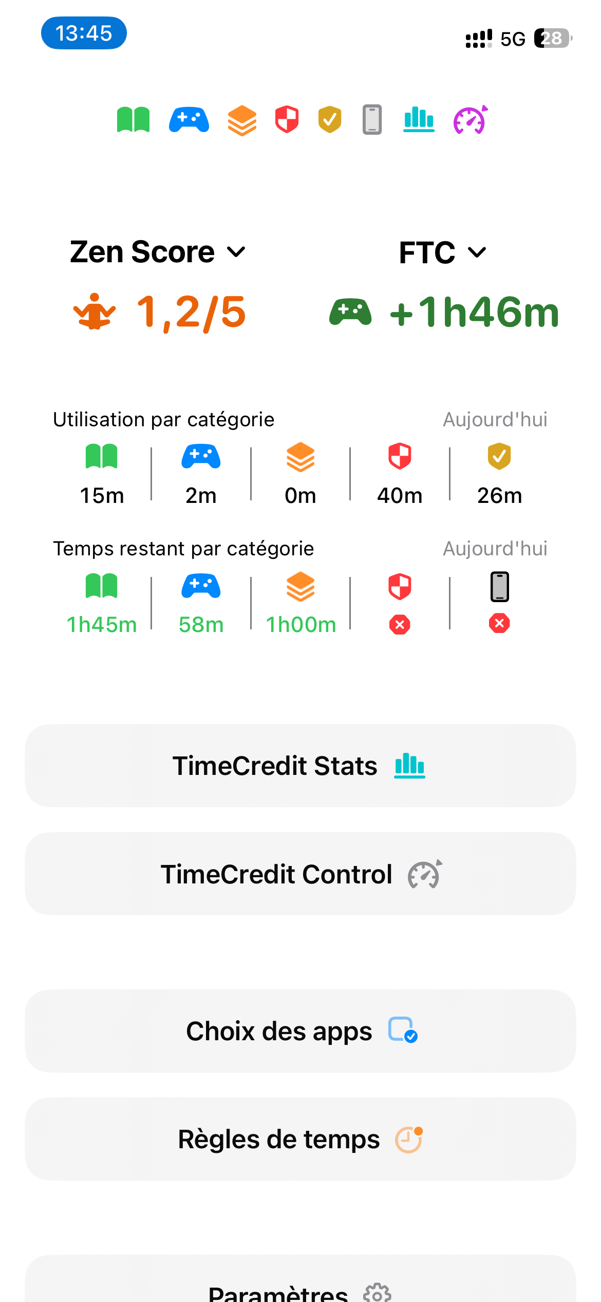 TimeCredit — Zen Score und Fun Time Credit auf dem Startbildschirm